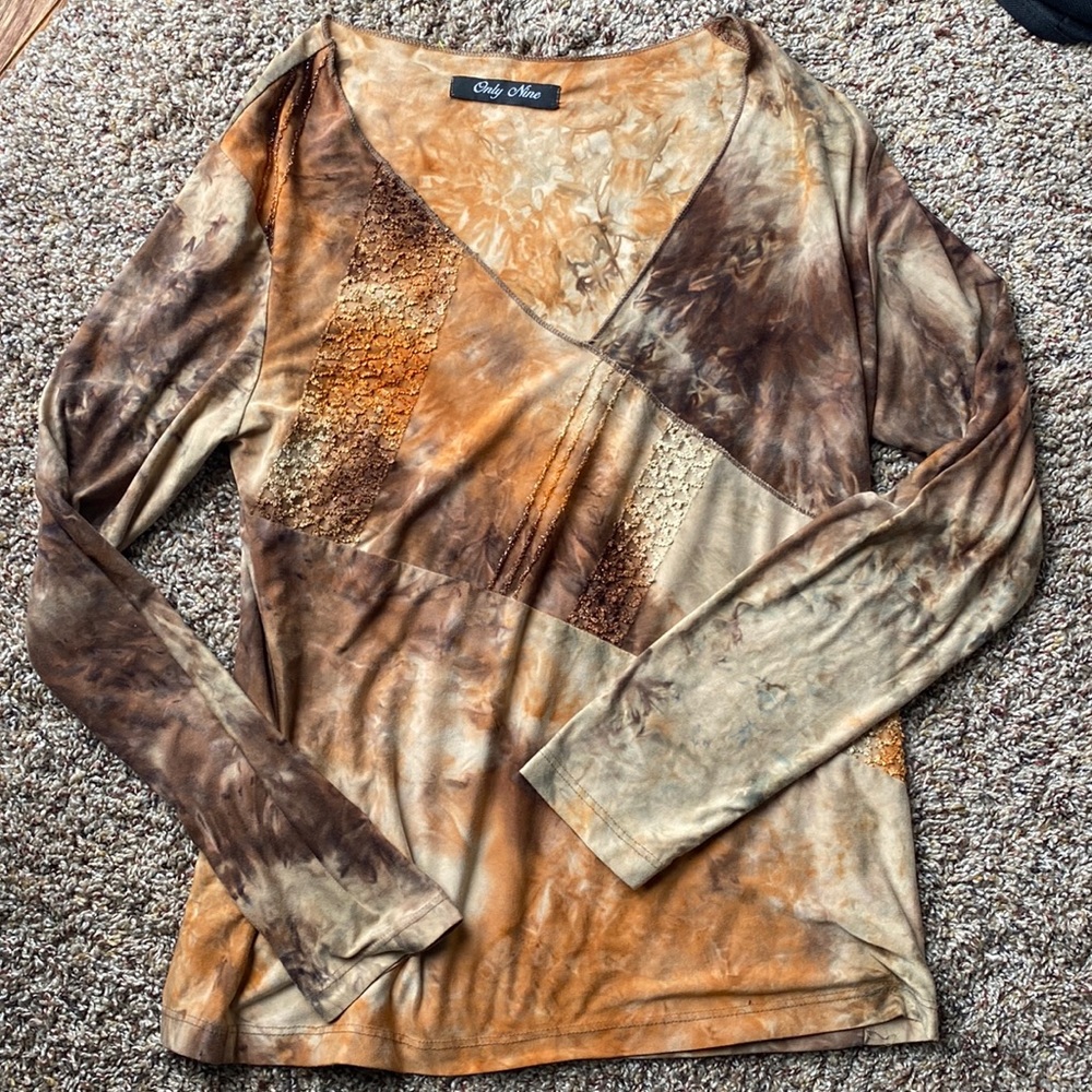 Only Nine Brown Orange and Tan Tie Dye Blouse
